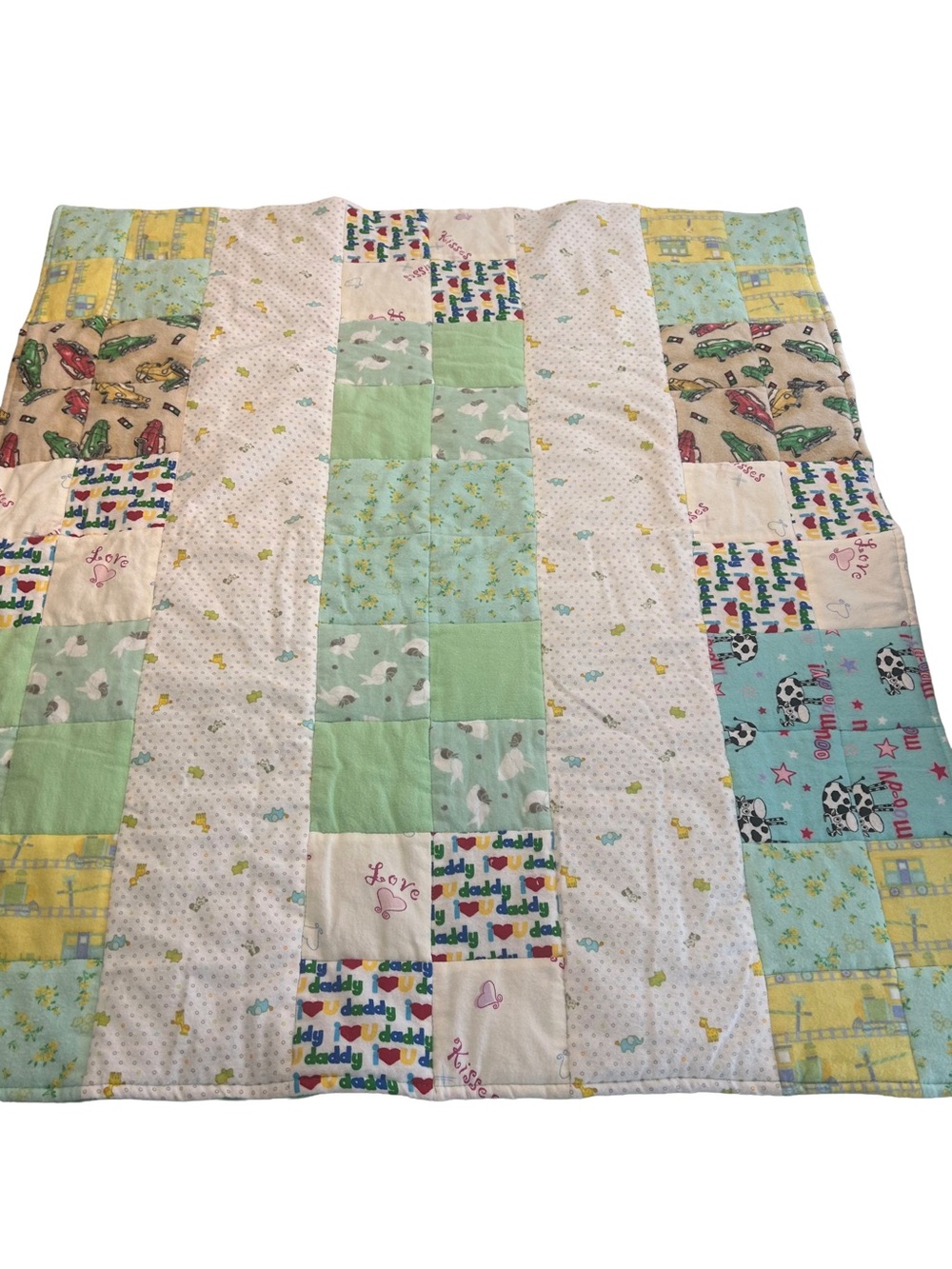 Vintage Handmade Patchwork Baby Quilt Blanket Pastel Mint Green and White